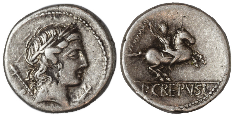 P. Crepusius, 82 BC. Denarius (silver, 3.75 g, 17 mm), Rome. Laureate head of Ap...