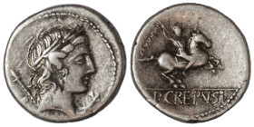 P. Crepusius, 82 BC. Denarius (silver, 3.75 g, 17 mm), Rome. Laureate head of Apollo right; behind [control letter] and sceptre; below chin, thunderbo...