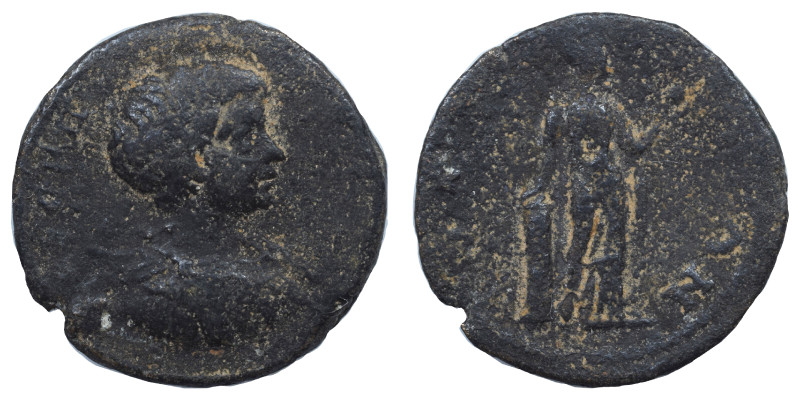 ARKADIA. Orchomenus (?). Geta, 198-209. Ae (bronze, 4.31 g, 21 mm. Bare-headed b...