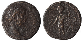 MESSENIA. Asine. Septimius Severus, 193-211. Assarion (bronze, 4.36 g, 21 mm). Laureate head right. Rev. Poseidon standing left, holding dolphin and t...