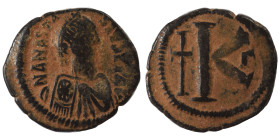 Anastasius I, 491-518. Half Follis (bronze, 8.85 g, 27 mm), Constantinople. D N ANASTASIVS P P AVG Diademed, draped and cuirassed bust right. Rev. Lar...