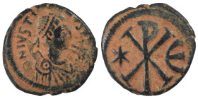 Justin I, 518-527. Pentanummium (bronze, 2.01 g, 15 mm), Constantinople. D N IVSTINVS P P AV Pearl diademed, draped, cuirassed bust right. Rev. Large ...
