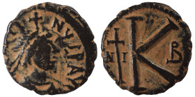 Justin I, 518-527. Half follis (bronze, 8.13 g, 24 mm), Nicomedia. [DN IVSTI]NVS PP AYG Diademed, draped, cuirassed bust right. Rev. Large K, to left ...