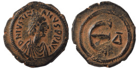 Justinian I, 527-565. Pentanummium (bronze, 4.05 g, 19 mm), Constantinople. D N IVSTINIANVS P P AVG Diademed, draped, and cuirassed bust of Justinian ...