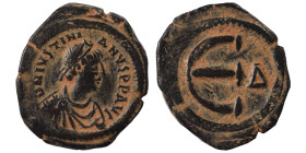 Justinian I, 527-565. Pentanummium (bronze, 3.82 g, 20 mm), Constantinople. D N IVSTINIANVS P P AVG Diademed, draped, and cuirassed bust of Justinian ...