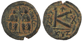 Justin II, with Sophia, 565-578. Half Follis (bronze, 4.05 g, 21 mm) Cyzicus. D N IVSTINVS P P AVG Justin II, holding globus cruciger in his right han...