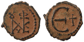 Justin II, 565-578. Pentanummium (bronze, 1.18 g, 14 mm), Theoupolis (Antioch). Monogram of Justin II. Rev. Large Є, cross to right. SB 386. Very fine...