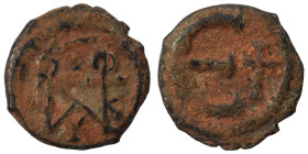 Justin II, 565-578. Pentanummium (bronze, 1.52 g, 14 mm), Theoupolis (Antioch). Monogram of Justin II. Rev. Large Є, cross to right. SB 386. Very fine...