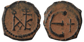 Justin II, 565-578. Pentanummium (bronze, 1.74 g, 14 mm), Theoupolis (Antioch). Monogram of Justin II. Rev. Large Є, cross to right. SB 386. Very fine...