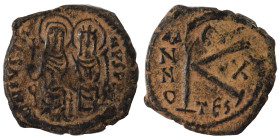 Justin II with Sophia, 565-578 Half Follis (bronze, 5.03 g, 23 mm), Thessalonica. Nimbate figures of Justin II and Sophia seated facing on double thro...