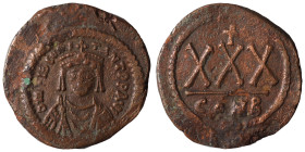 Tiberius II Constantine, 578-582. 3/4 Follis or 30 Nummi (bronze, 12.44 g, 32 mm), Constantinople. d M TIЬ CONS-TANT P P AVI Crowned, draped and cuira...