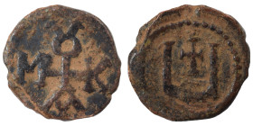 Maurice Tiberius, 582-602. Pentanummium (bronze, 1.39 g, 15 mm), Theoupolis (Antioch). Monogram 15 of Maurice Tiberius. Rev. Large Ч; above, cross. DO...