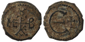 Maurice Tiberius. 582-602. Pentanummium (bronze, 1.74 g, 14 mm). Theoupolis (Antioch). Monogram. Rev. Large Є; cross to right. SB 542. Nearly very fin...