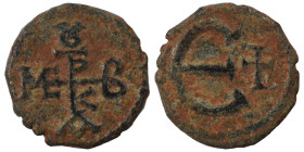 Maurice Tiberius. 582-602. Pentanummium (bronze, 1.34 g, 12 mm). Theoupolis (Antioch). Monogram. Rev. Large Є; cross to right. SB 542. Nearly very fin...