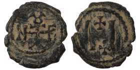 Tiberius II Constantine, 578-582. Pentanummium (bronze, 1.33 g, 16 mm), Theoupolis (Antioch). Monogram of Tiberius II Constantine. Rev. Large Ч; above...