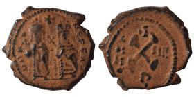 Phocas, with Leontia. 602-610. Decanummium (bronze, 2.98 g, 18 mm), Antioch. Phocas and Leontia standing facing, holding globus cruciger and cruciform...