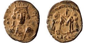 Umayyad Caliphate. temp. Mu'awiya I ibn Abi Sufyan, AH 41-60 / AD 661-680. Fals (bronze,3.19 g, 23 mm), Arab-Byzantine, derived from a Constantine IV ...