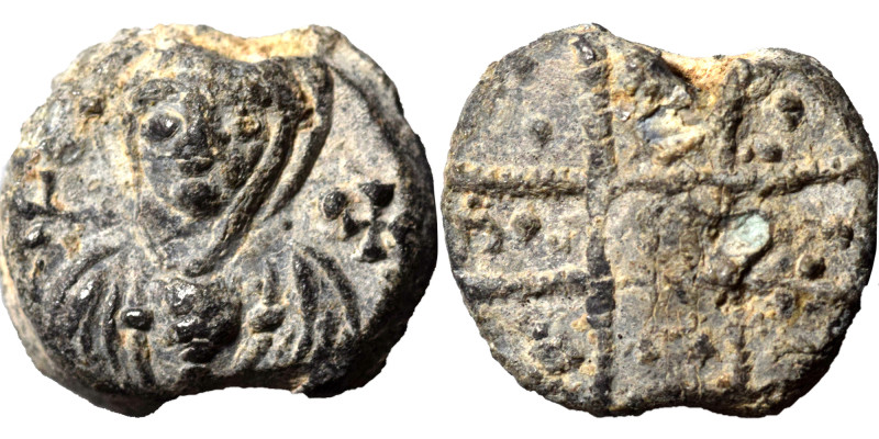 Byzantine lead seal (lead, 5.54 g, 16 mm). Facing bust of the Virgin Mary, with ...