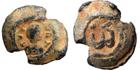 Byzantine lead seal, uncertain (lead, 8.05 g, 21 mm). Bust right, legend around. Rev. Uncertain symbol. Nearly very fine.