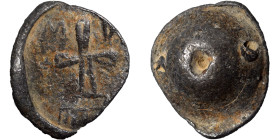 Crusaders lead seal, uncertain, circa 11-13th century (lead, 24.76 g, 31 mm). Cross on base, M-D(?) in upper angles. Rev. Blank. Very fine.