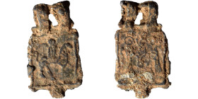 Uncertain, circa 6th-7th century. Amulet (lead, 5.24 g, 31x17 mm). Nimbate saint on horseback to right, holding cruciform scepter. Rev. Pillar-saint (...