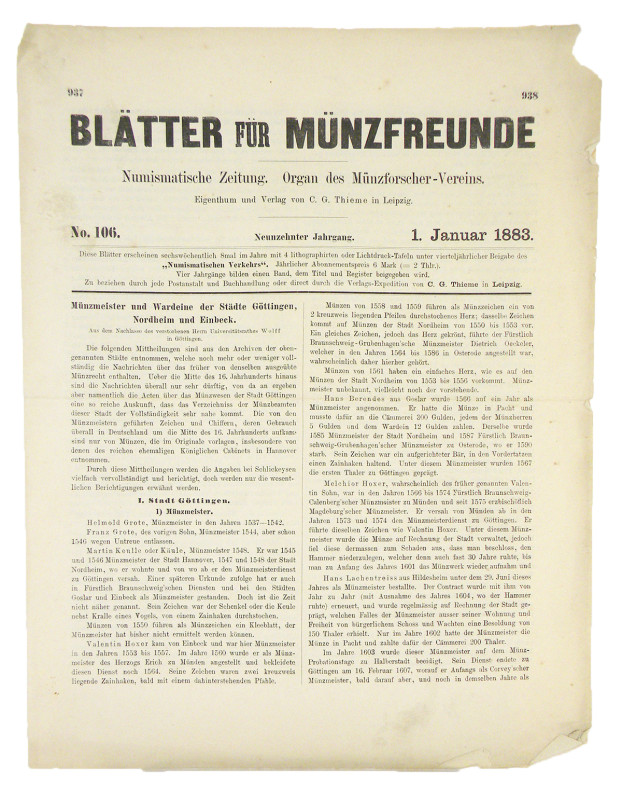 [Germany]. GERMAN NUMISMATIC PERIODICALS, 1883–1928. Includes: the 1883–1887 vol...