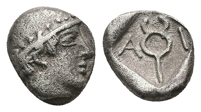 Thrace, Ainos. AR Diobol, 1.27 g 11.19 mm. Circa 464-460 BC.
Obv: Head of Hermes...