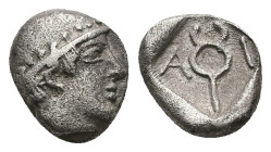 Thrace, Ainos. AR Diobol, 1.27 g 11.19 mm. Circa 464-460 BC.
Obv: Head of Hermes right wearing petasos.
Rev: A-I. Caduceus set diagonally across incus...