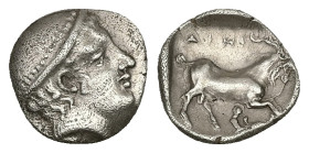 Thrace, Ainos. AR Diobol, 1.09 g 11.84 mm. Circa 408-406 BC.
Obv: Head of Hermes right wearing petasos.
Rev: AINI,Goat standing right; crab below rais...