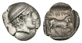 Thrace, Ainos. AR Diobol, 1.13 g 12.89 mm. Circa 408-406 BC.
Obv: Head of Hermes right wearing petasos.
Rev: AINI,Goat standing right; crab below rais...