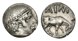 Thrace, Ainos. AR Diobol, 1.17 g 10.55 mm. Circa 435-405 BC.
Obv: Head of Hermes to right, wearing petasos
Rev: AINI, Goat standing to right with head...