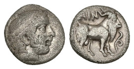 Thrace, Ainos, AR Diobol. 1.18 g 10.78 mm. Circa 427/6-425/4 BC.
Obv: Head of Hermes right, wearing petasos.
Rev: AIN. Goat standing right; tendril to...