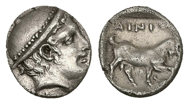 Thrace, Ainos. AR Diobol, 1.18 g 11.60 mm. Circa 408-406 BC.
Obv: Head of Hermes...