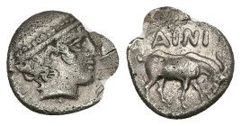 Thrace, Ainos. AR Diobol, 1.22 g 12.33 mm. Circa 435-405 BC.
Obv: Head of Hermes to right, wearing petasos
Rev: AINI, Goat standing to right with head...