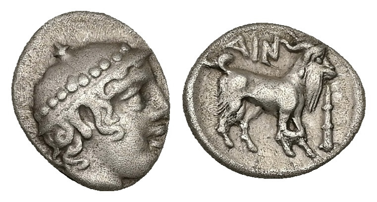 Thrace, Ainos. AR Diobol, 1.23 g 12.03 mm. Circa 429-427/6 BC.
Obv: Head of Herm...
