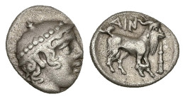 Thrace, Ainos. AR Diobol, 1.23 g 12.03 mm. Circa 429-427/6 BC.
Obv: Head of Hermes right, wearing petasos.
Rev: AIN, Goat standing right; club to righ...