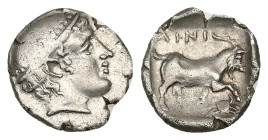 Thrace, Ainos. AR Diobol, 1.23 g 12.19 mm. Circa 408-406 BC.
Obv: Head of Hermes right wearing petasos.
Rev: AINI,Goat standing right; crab below rais...