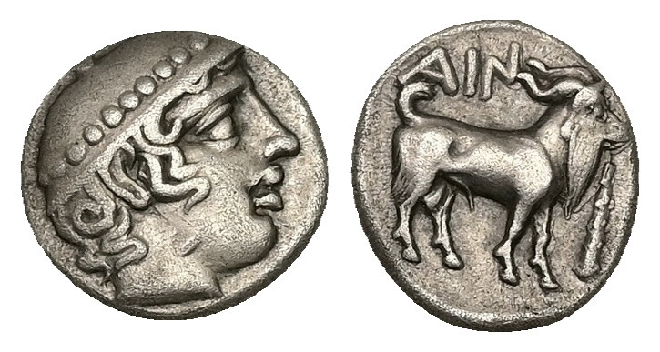 Thrace, Ainos. AR Diobol, 1.26 g 10.75 mm. Circa 429-427/6 BC.
Obv: Head of Herm...