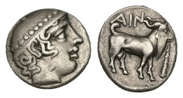 Thrace, Ainos. AR Diobol, 1.26 g 10.75 mm. Circa 429-427/6 BC.
Obv: Head of Hermes right, wearing petasos.
Rev: AIN, Goat standing right; club to righ...