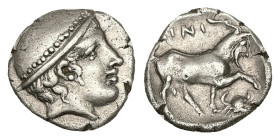 Thrace, Ainos. AR Diobol, 1.32 g 11.87 mm. Circa 408-406 BC.
Obv: Head of Hermes right wearing petasos.
Rev: AINI,Goat standing right; crab below rais...