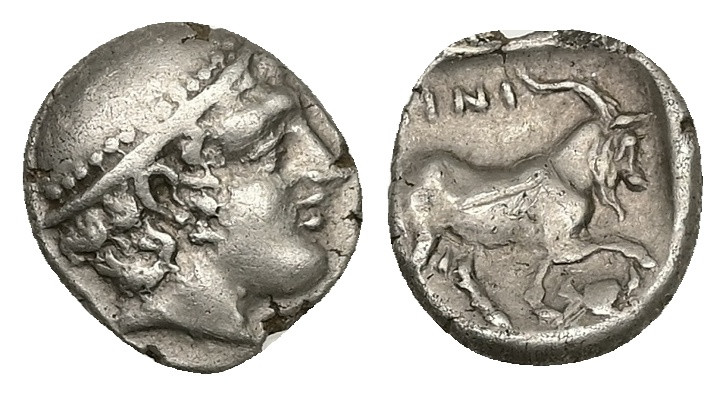 Thrace, Ainos. AR Diobol, 1.33 g 11.04 mm. Circa 408-406 BC.
Obv: Head of Hermes...