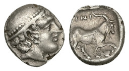 Thrace, Ainos. AR Diobol, 1.33 g 11.04 mm. Circa 408-406 BC.
Obv: Head of Hermes right wearing petasos.
Rev: AINI,Goat standing right; crab below rais...