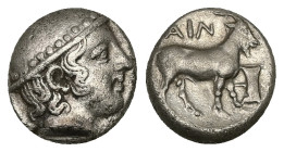 Thrace, Ainos. AR Tetrobol, 2.56 g 12.85 mm. Circa 408-406 BC.
Obv: Head of Hermes right wearing petasos.
Rev: AIN,Goat standing right; double axe bef...