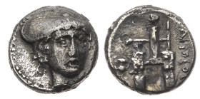 Thrace, Ainos. AR Drachm, 2.95 g 15.13 mm. Circa 357-342/1 BC.
Obv: Head of Hermes facing slightly right, wearing petasos.
Rev: AINION. Cult statue of...