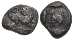 Thrace, Chersonesos. Kardia, AR Tri-siglos, 15.89 g 26.04 mm. Circa 478-466 BC.
Obv: Lion standing right, head left, raising left forepaw, tail curle...