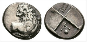 Thrace, Chersonesos. AR Hemidrachm, 2.14 g 13.58 mm. Circa 386-338 BC.
Obv: Forepart of lion right, head left.
Rev: Quadripartite incuse square with a...
