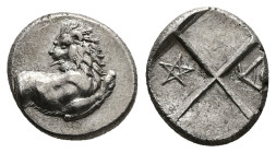 Thrace, Chersonesos. AR Hemidrachm, 2.41 g 13.83 mm. Circa 386-338 BC.
Obv: Forepart of lion right, head left.
Rev: Quadripartite incuse square; penta...