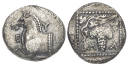 Thrace, Maroneia. AR Hemidrachm, 2.21 g 14.80 mm. Circa 398-385 BC. 
Obv: E – Y – Π, Forepart of horse left. 
Rev: Bunch of grapes with tendrils and l...