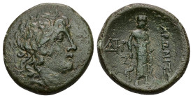 Thrace, Maroneia. Ae, 10.27 g 24.69 mm. First century BC. 
Obv: Head of Dionysos right.
Rev.: ΜΑΡΩΝΙΤΩΝ; Asklepios standing facing, head to left, lean...