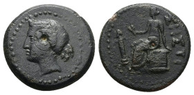 Thrace, Sestos. Circa 150 BC. Ae, 6.24 g 21.35 mm 
Obv: Female head to left, wearing sakkos. 
Rev: ΣΗΣΤI, Demeter seated left on cista mystica, holdin...